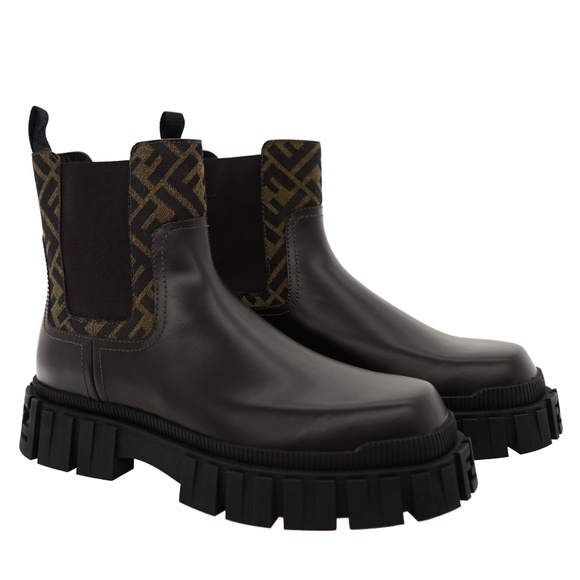 Fendi Force Ankle Chelsea Boots FF Panels Brown Leather Size 9 New